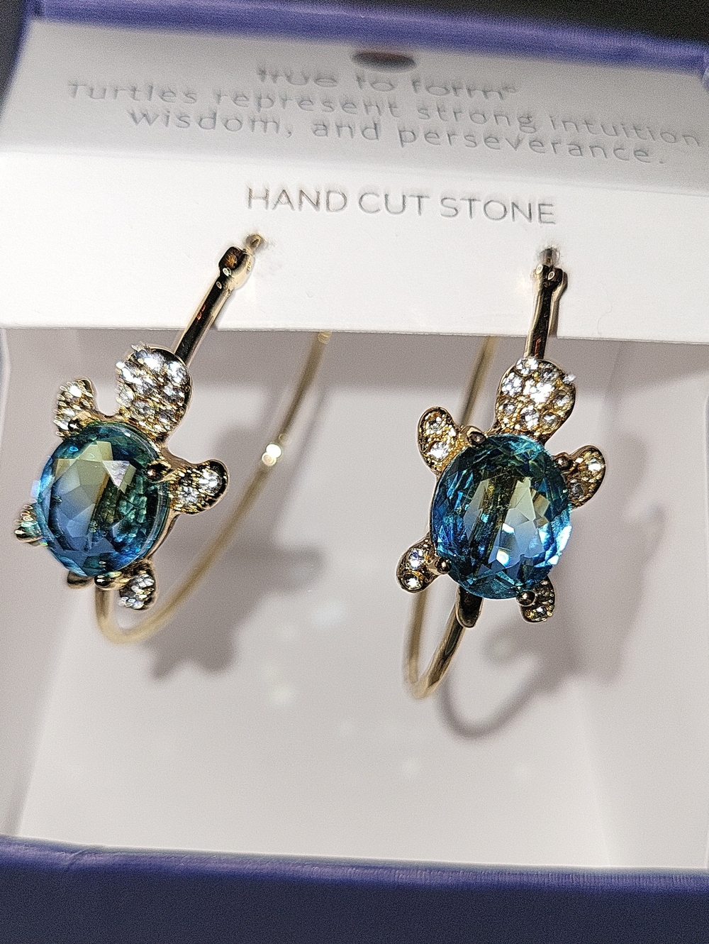 True To Form Gold Turtle Hoop Earrings with Blue Hue Gemstones